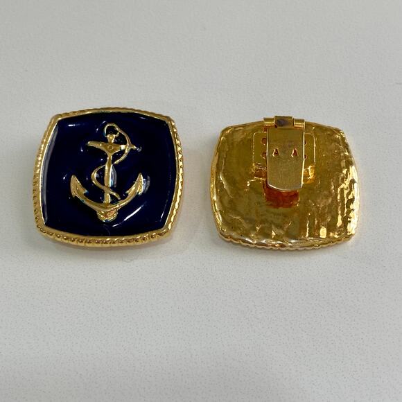 Vintage Nautical Sailor Anchor Gold Tone Navy Blue Enamel Square Shoe Clips - Picture 2 of 5